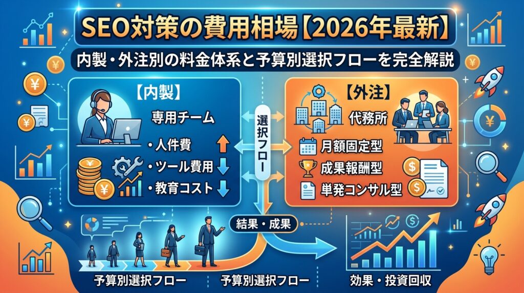 SEO対策の費用相場【2026年最新】内製・外注別の料金体系と予算別選択フローを完全解説