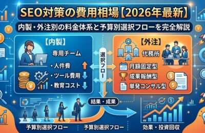 SEO対策の費用相場【2026年最新】内製・外注別の料金体系と予算別選択フローを完全解説