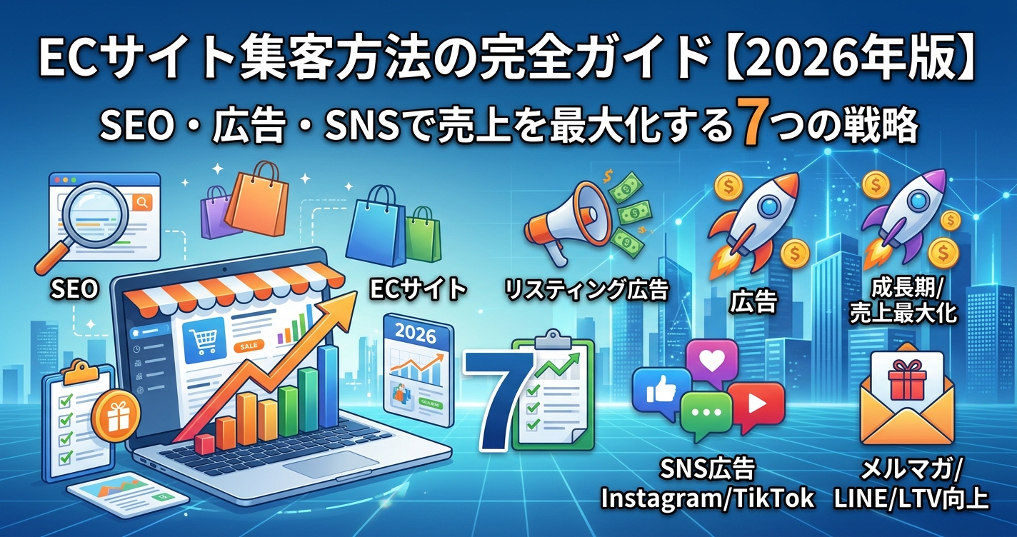 ECサイト集客方法の完全ガイド【2026年版】SEO・広告・SNSで売上を最大化する7つの戦略