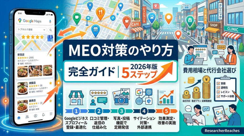 「MEO対策のやり方」完全ガイド|2026年版の5ステップと費用相場を解説