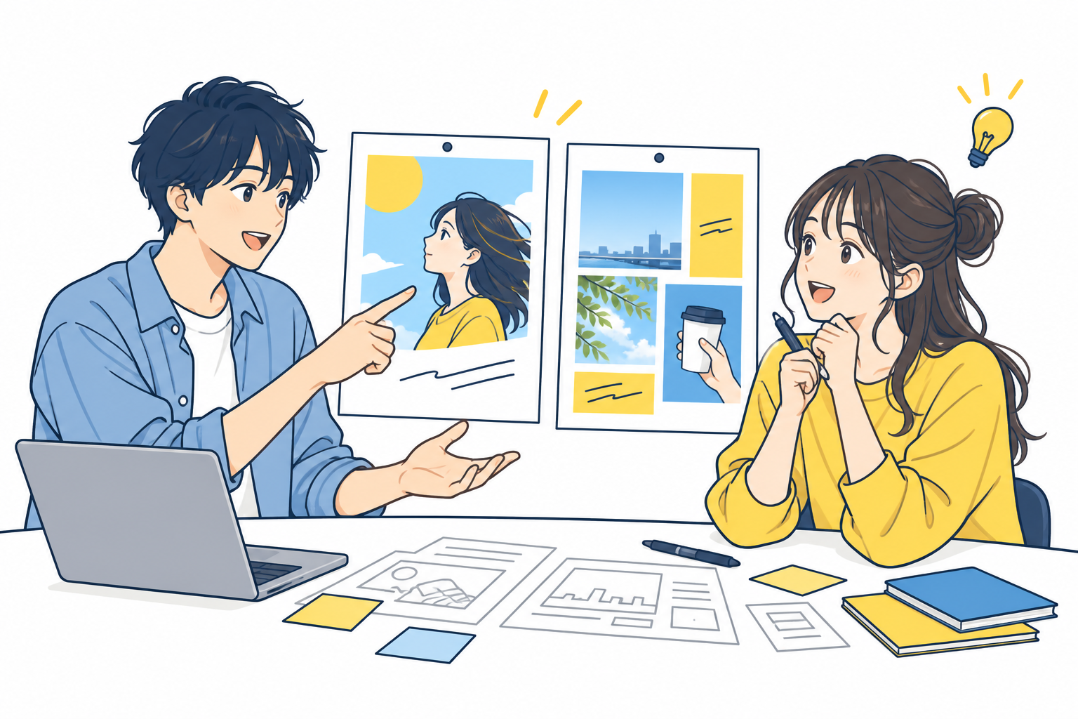 広告の改善アイデアを話し合う学生