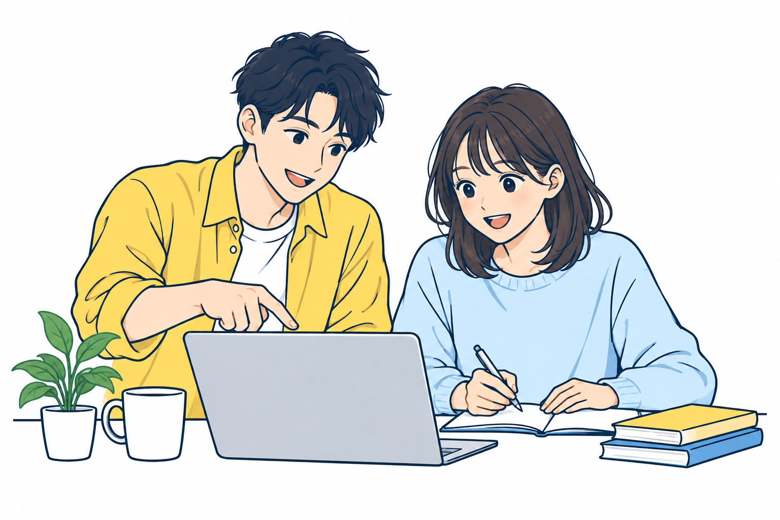先輩と一緒に仕事を覚える学生