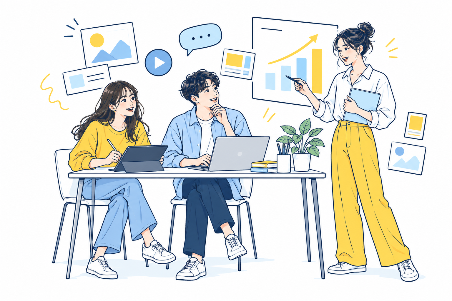 広告制作とデータ分析に一緒に取り組む3人の学生のイラスト