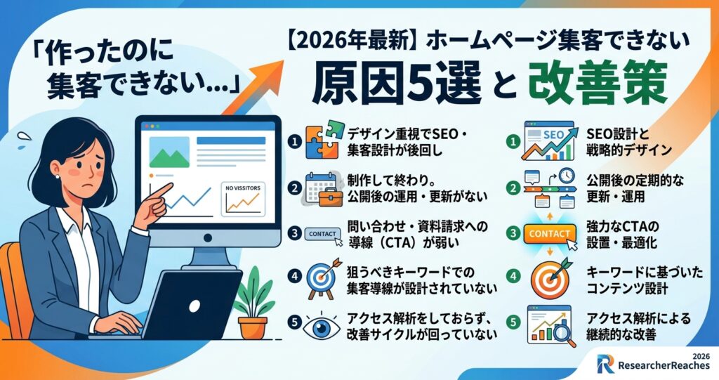 「ホームページ 作ったのに集客できない」原因5選と2026年最新の改善策