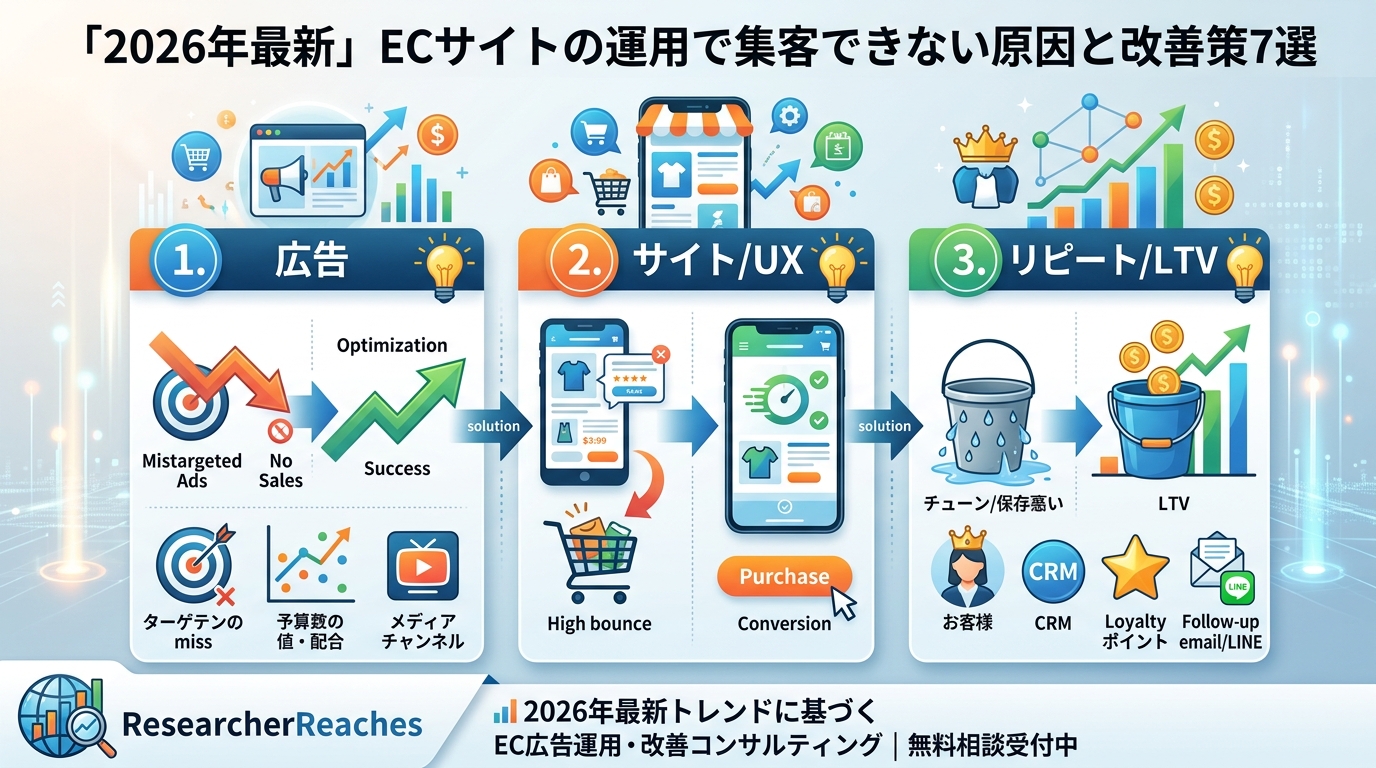 【2026年最新】ECサイトの運用で集客できない原因と改善策7選